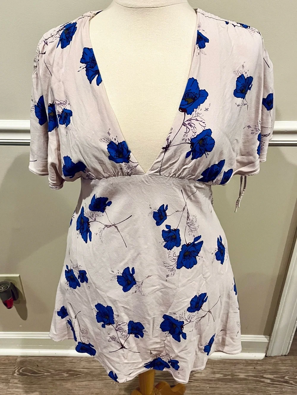 Free People Melanie Cream Mini Dress with Blue Floral Print